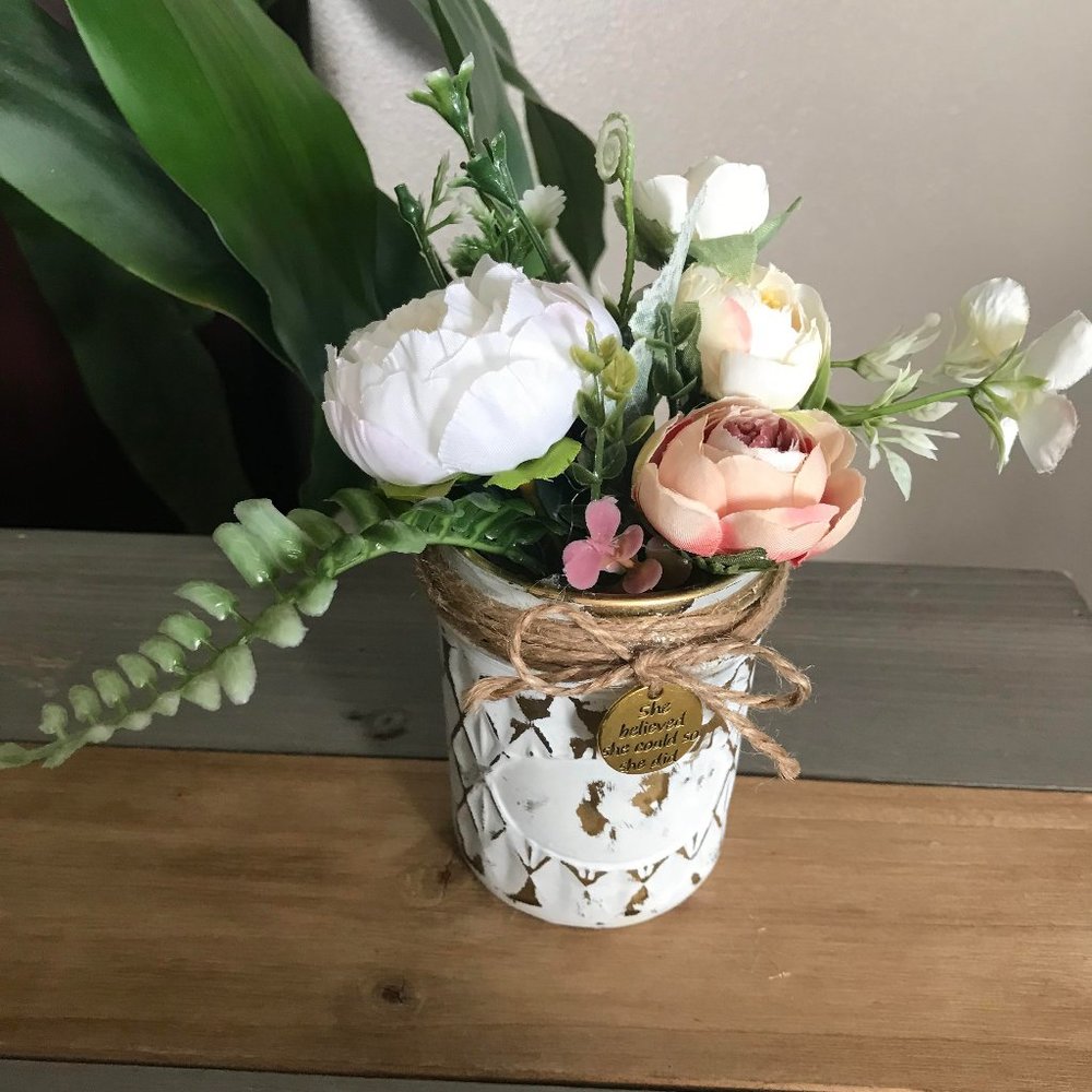 Handmade Floral Arrangement in Distressed White and Metallic Gold Jar